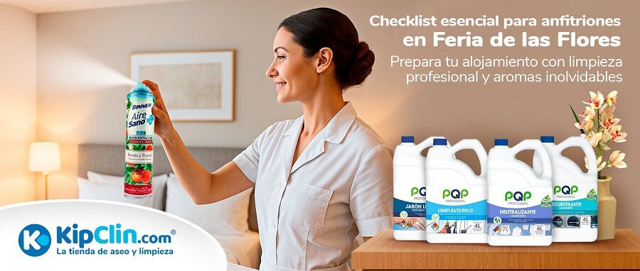 Personal de limpieza profesional aromatizando habitación con ambientador desinfectante Binner Aire Sano en alojamiento para la Feria de las Flores. Productos de aseo KipClin como jabón líquido antibacterial, limpiavidrios, neutralizante y cucestrante PQP Profesional para limpieza profunda y experiencia inolvidable en hospedajes.