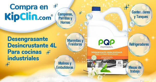 Desengrasante Desincrustante PQP 4L para cocinas industriales. Limpia grasa difícil en campanas, hornos, marmitas, freidoras, refrigeradores, mesas de trabajo y tanques. 