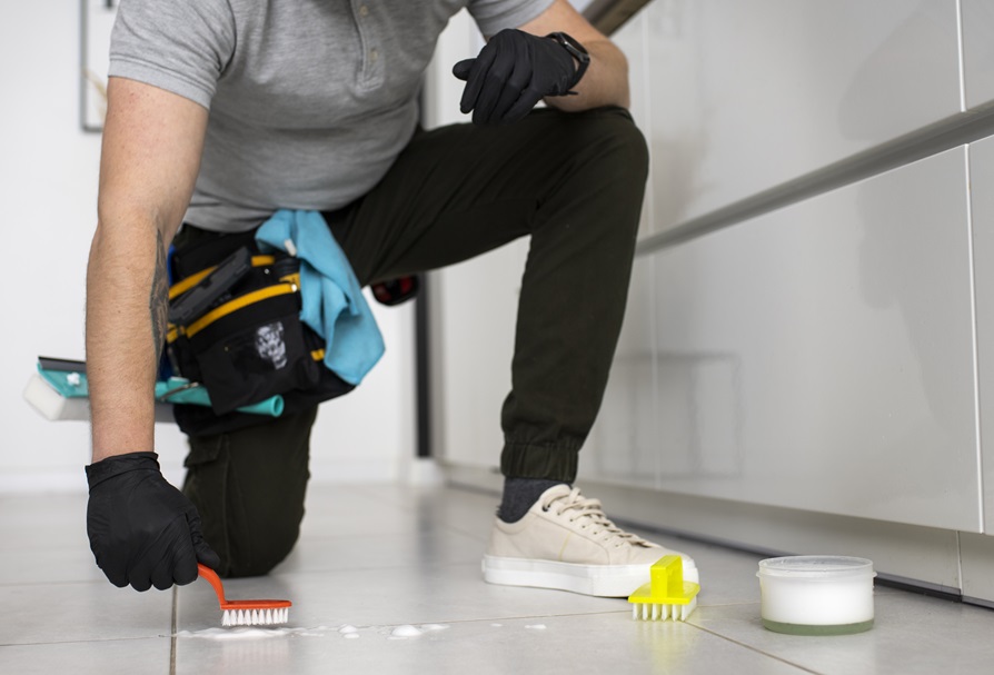 Hombre limpiando las juntas de un piso de su casa con cepillos y guantes