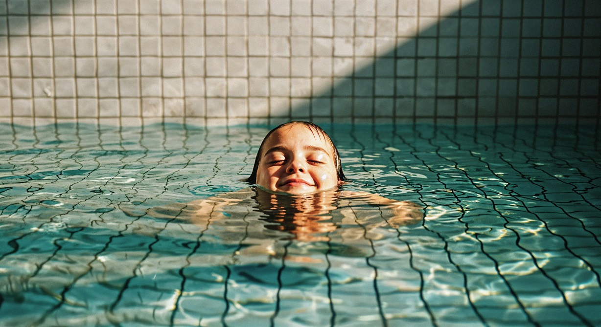 niño en una piscina solo con la cabeza afuera